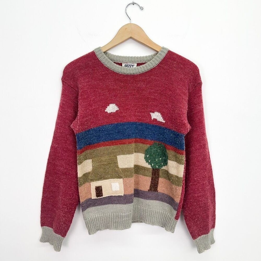 Jazzy Vintage Women’s Novelty Cottage Tree Clouds Pullover Sweater